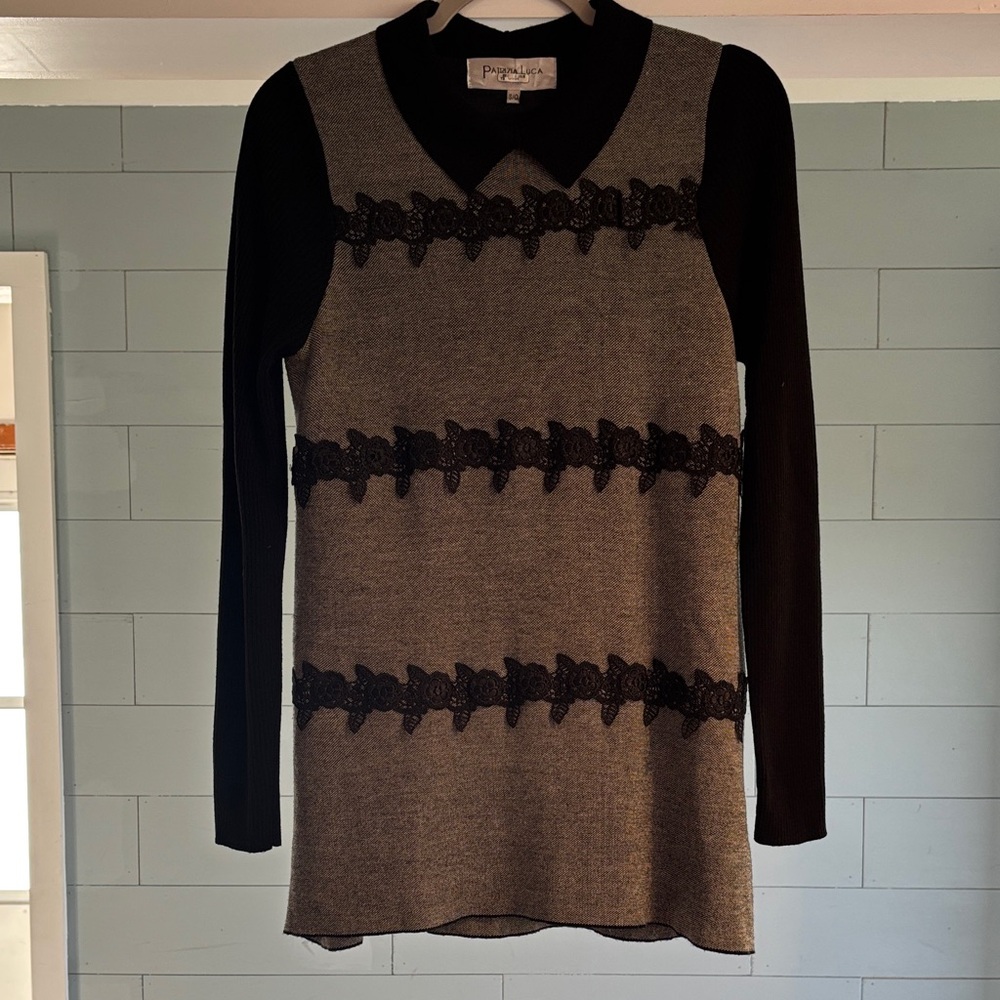 Patrizia Luca Black and Gray Long Sleeve Tunic Sweater
